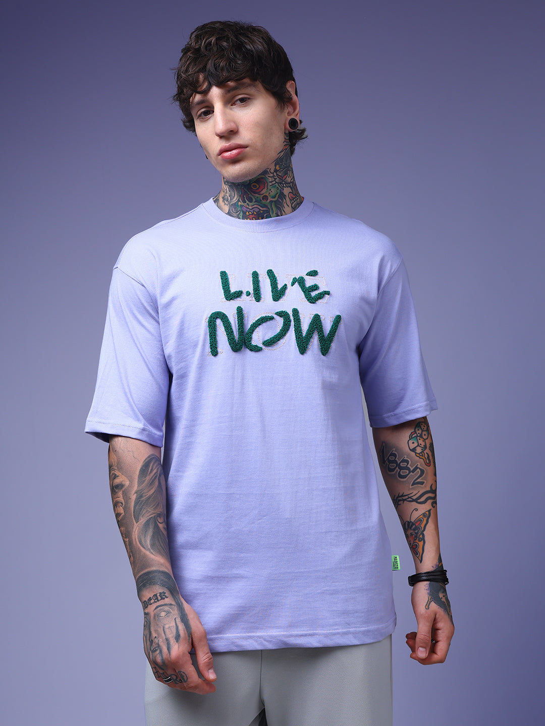 Men's Oversized Embroided Print Lilac Tshirt