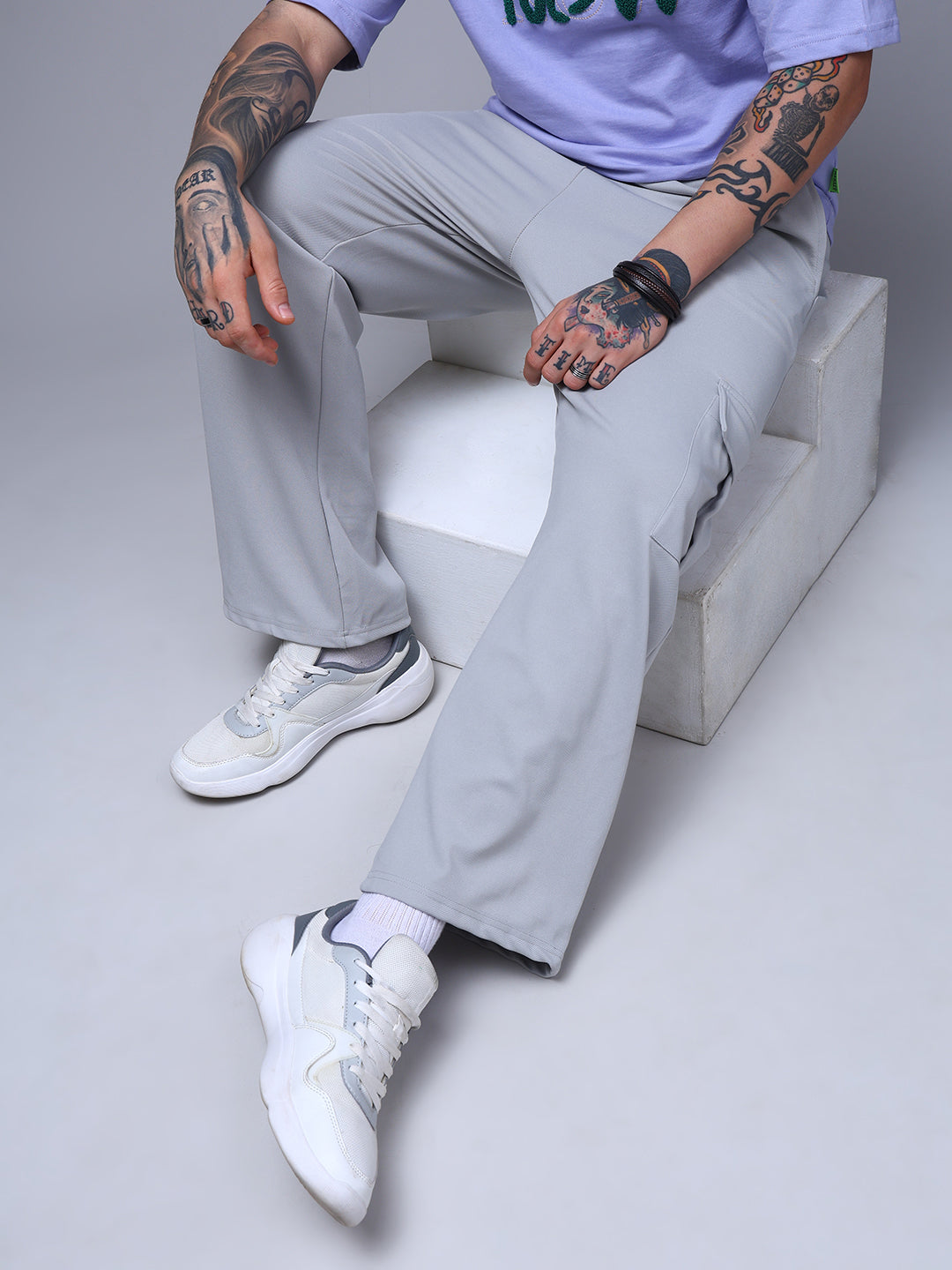 Men's Solid Ice silver Loose Fit Cargo Pants