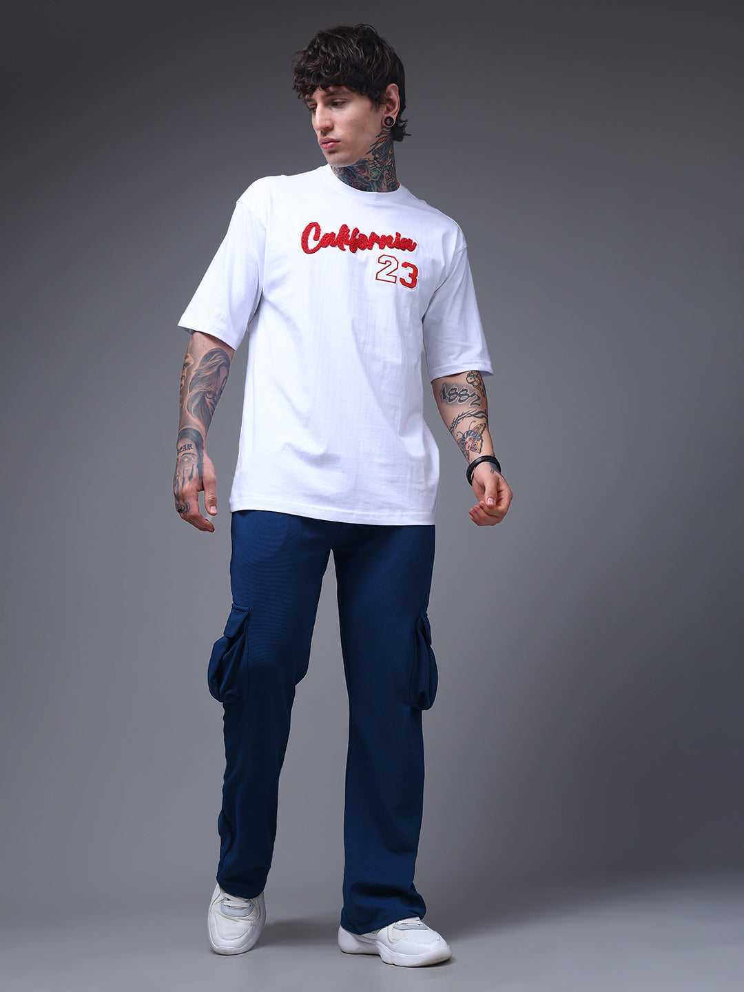 Men's Oversized Embroided Print White Tshirt