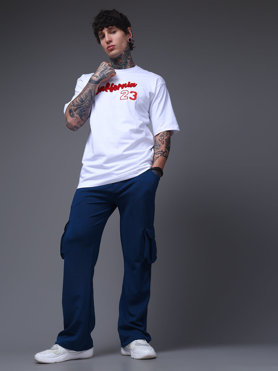 Men's Solid Blue Wide Leg Cargo Pants