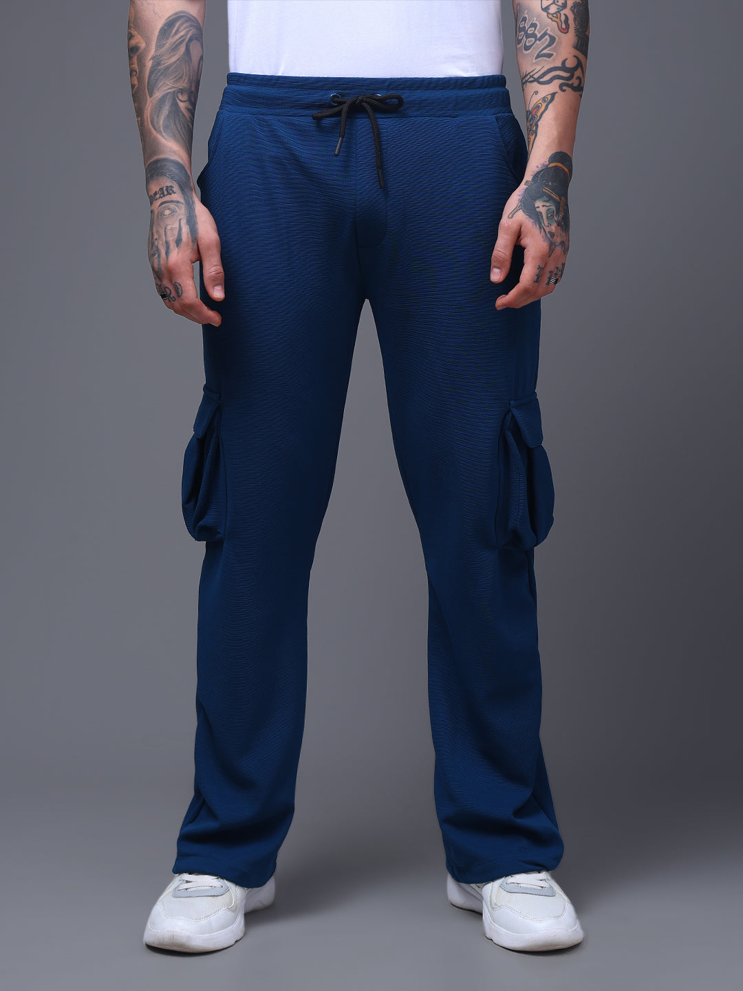 Men's Solid Blue Wide Leg Cargo Pants