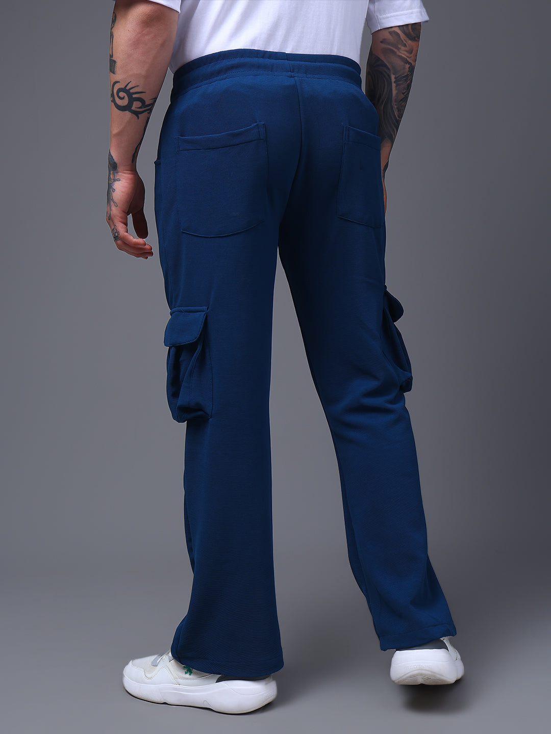 Men's Solid Blue Wide Leg Cargo Pants
