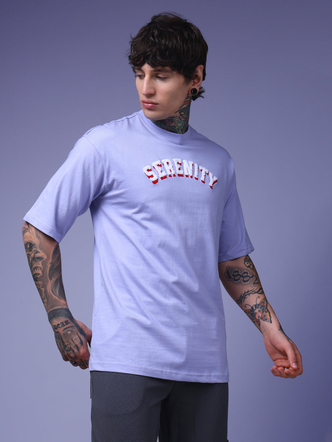 Men's Oversized Embroided Print Lilac Tshirt