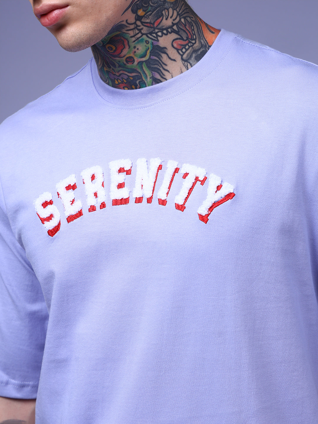Men's Oversized Embroided Print Lilac Tshirt
