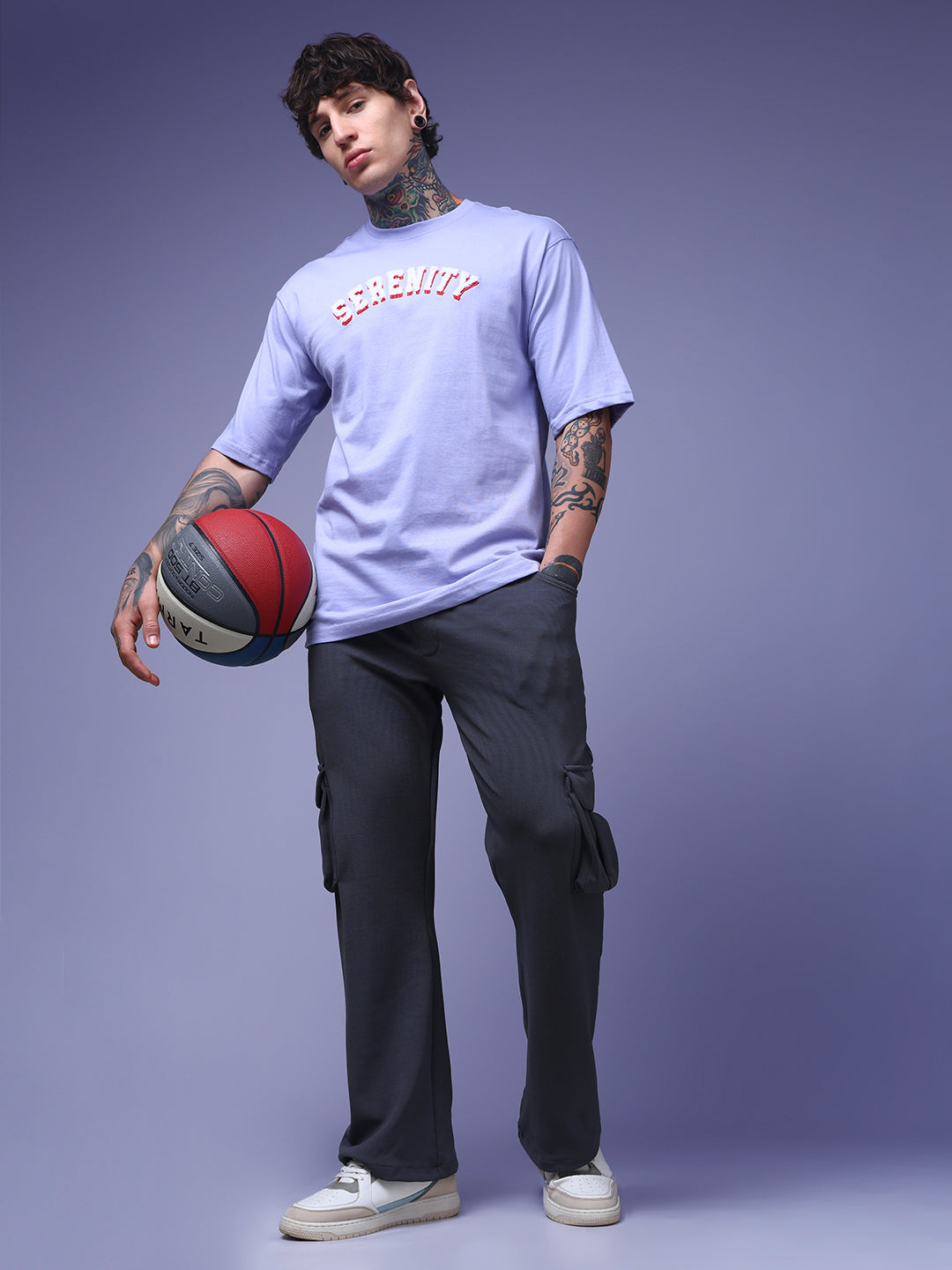Men's Oversized Embroided Print Lilac Tshirt