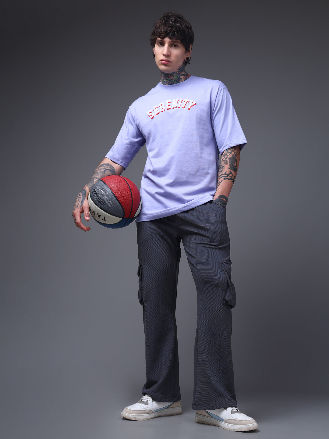 Men's Solid Dark Grey Wide Leg Cargo Pants