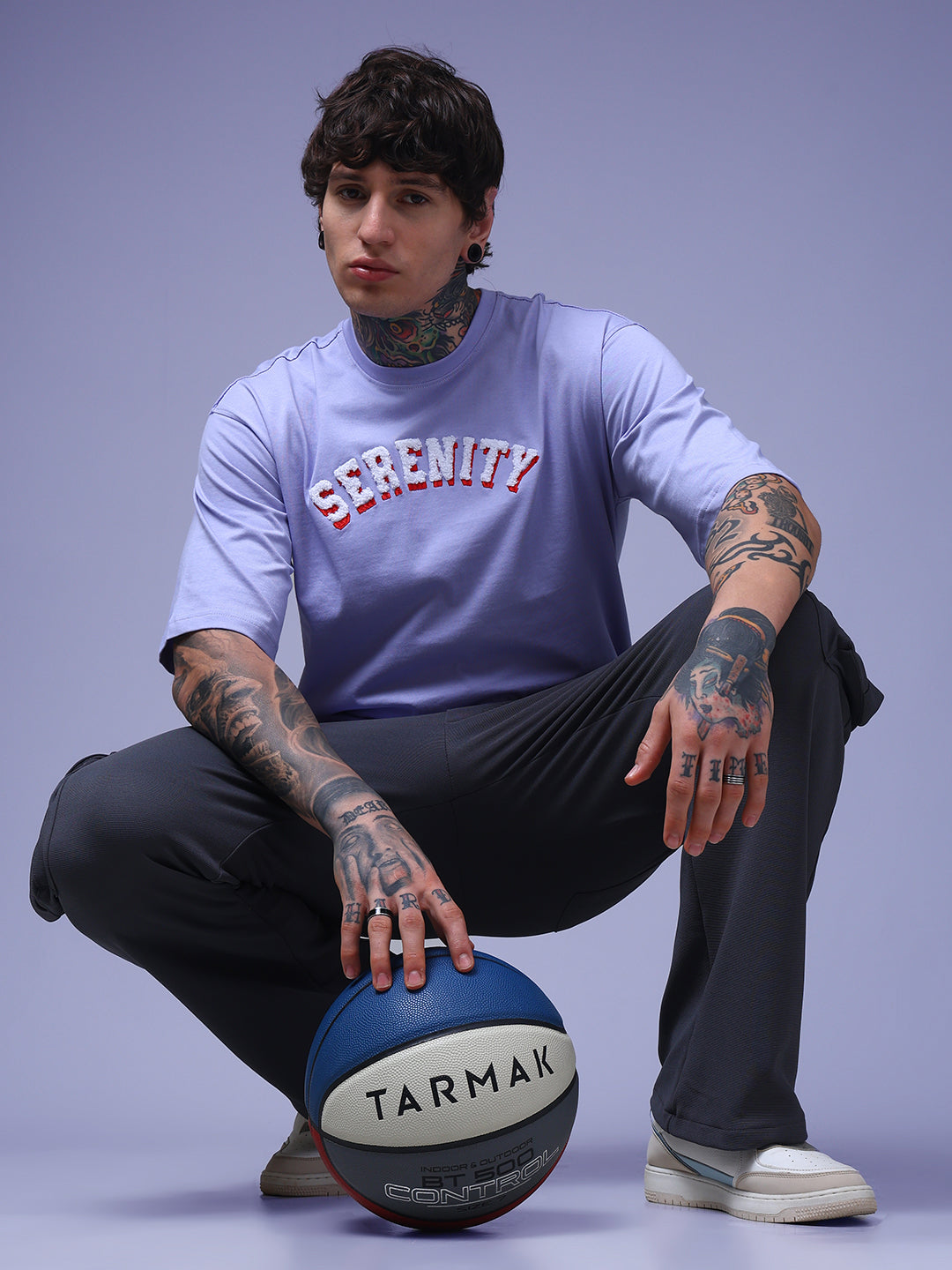 Men's Oversized Embroided Print Lilac Tshirt