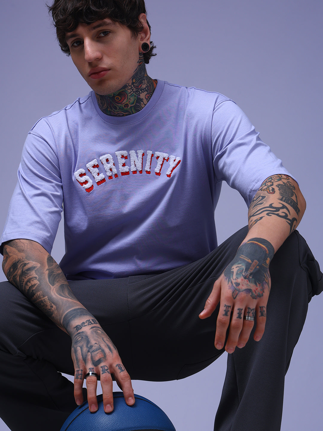 Men's Oversized Embroided Print Lilac Tshirt