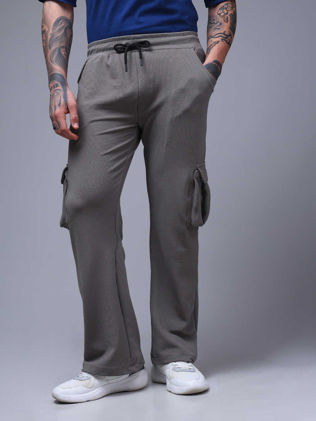 Men's Solid Light Grey Wide Leg Cargo Pants