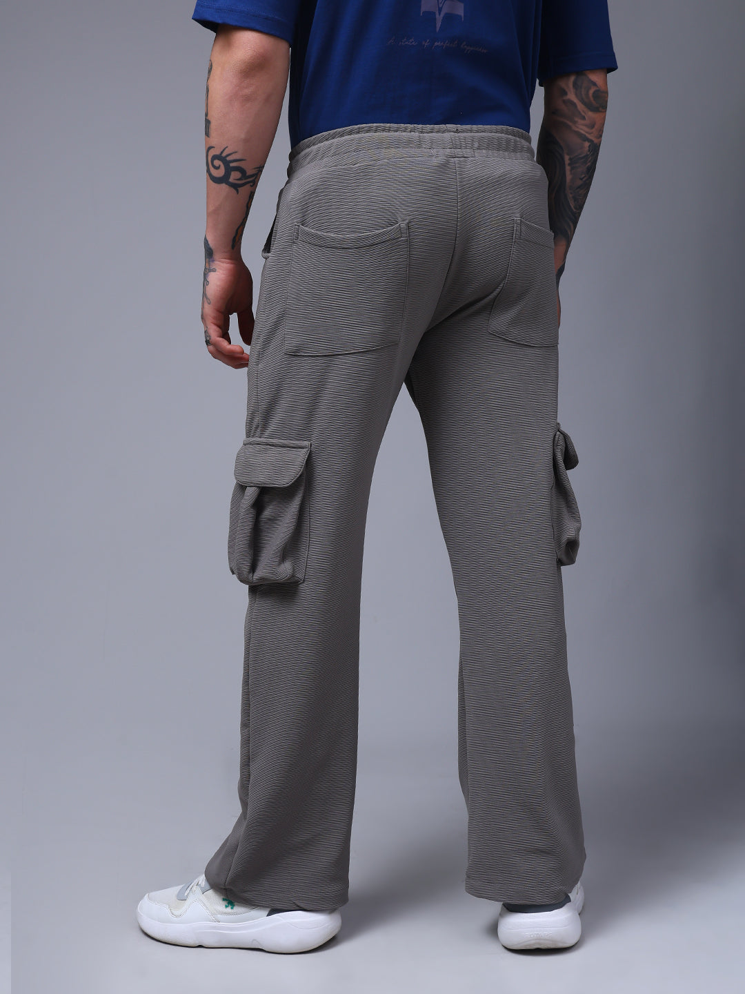 Men's Solid Light Grey Wide Leg Cargo Pants