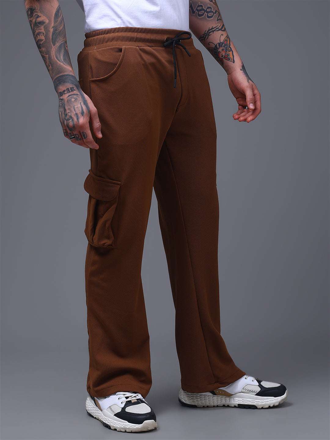 Men's Solid Brown Wide Leg Cargo Pants
