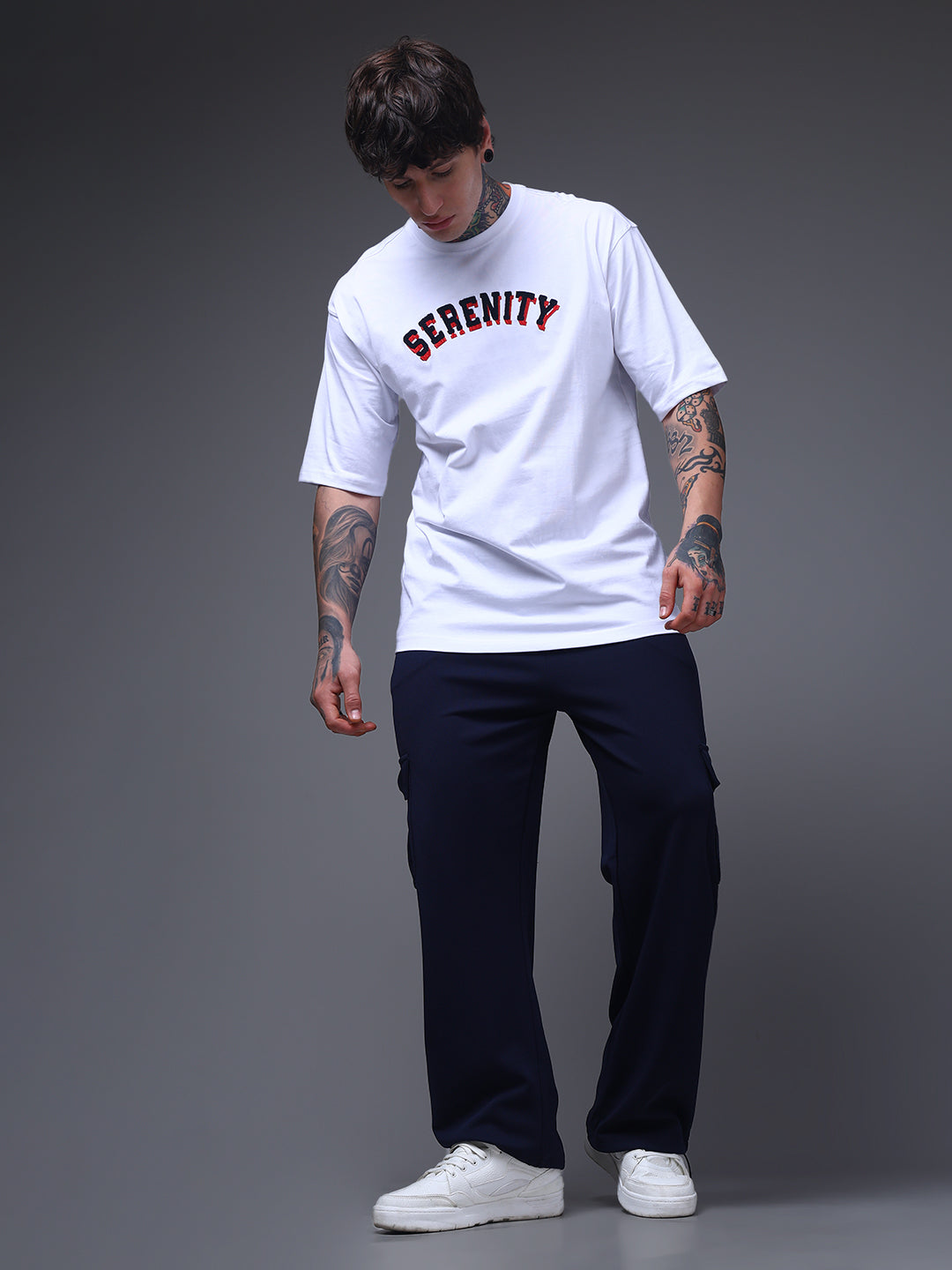 Men's Solid Navy Loose Fit Cargo Pants