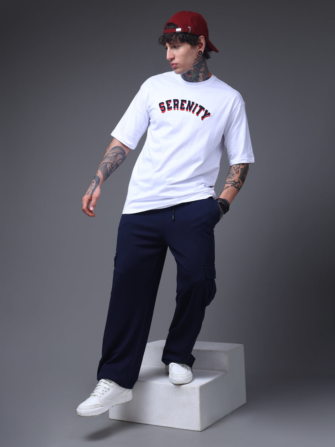 Men's Solid Navy Loose Fit Cargo Pants