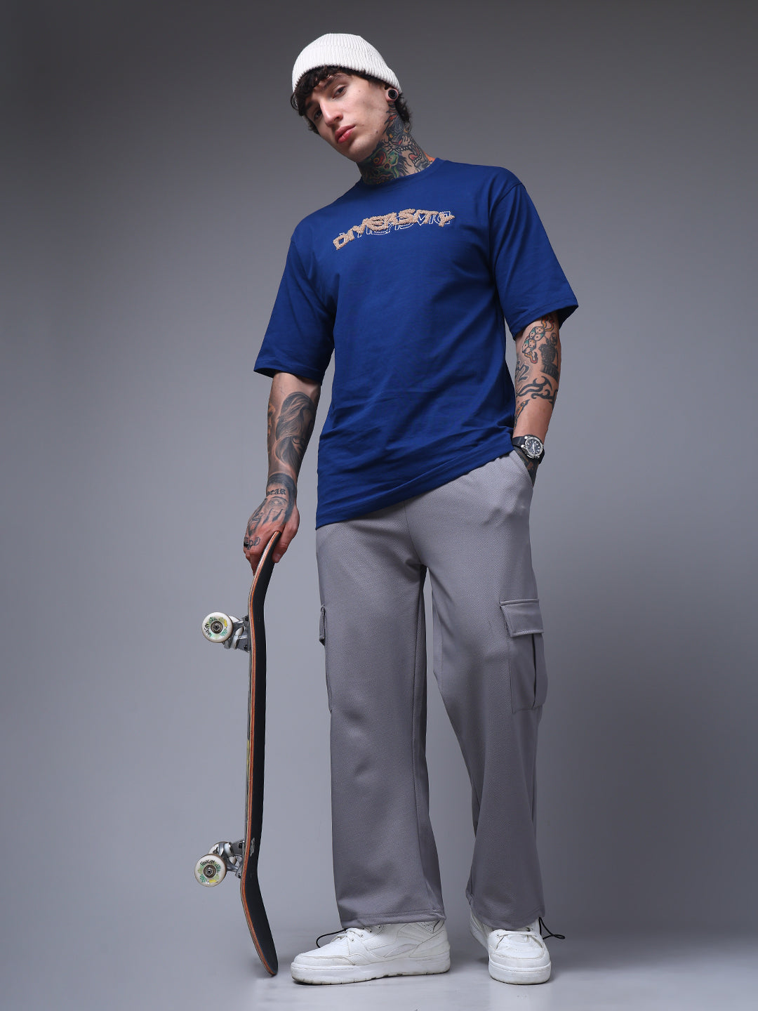 Men's Solid Light Grey Loose Fit Cargo Pants