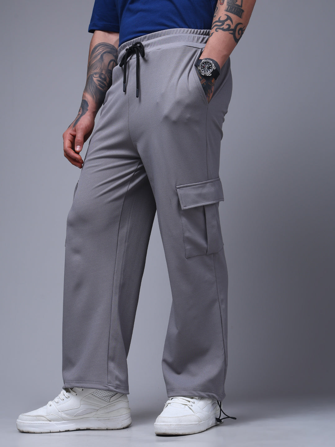 Men's Solid Light Grey Loose Fit Cargo Pants