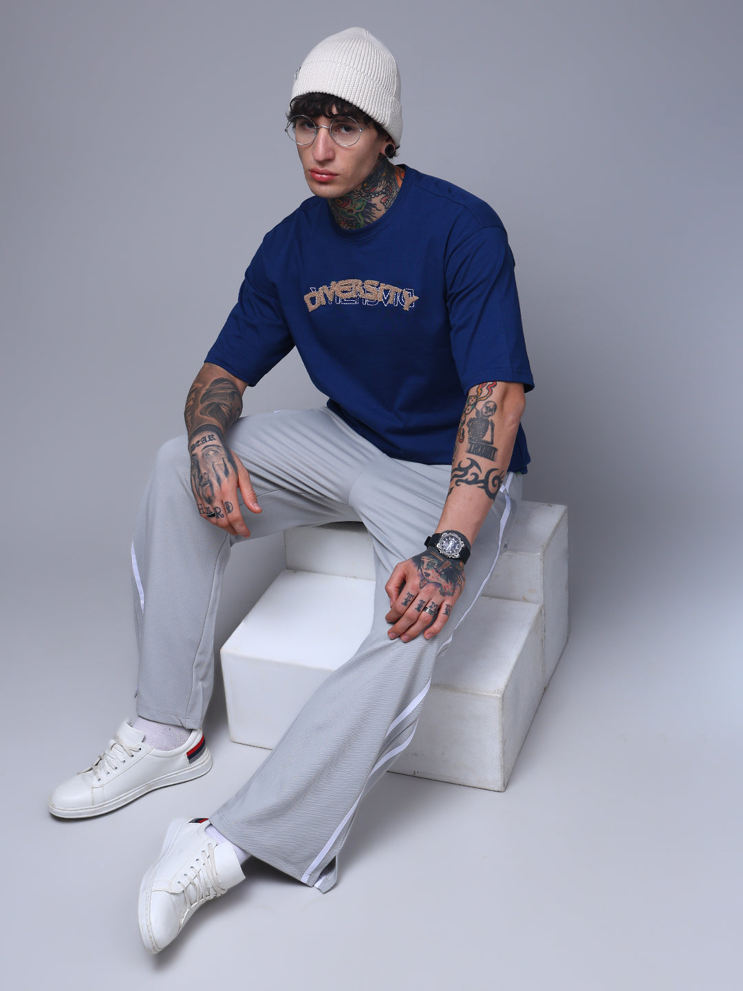 Men's Loose Fit Ice silver Side Tape TrackPants