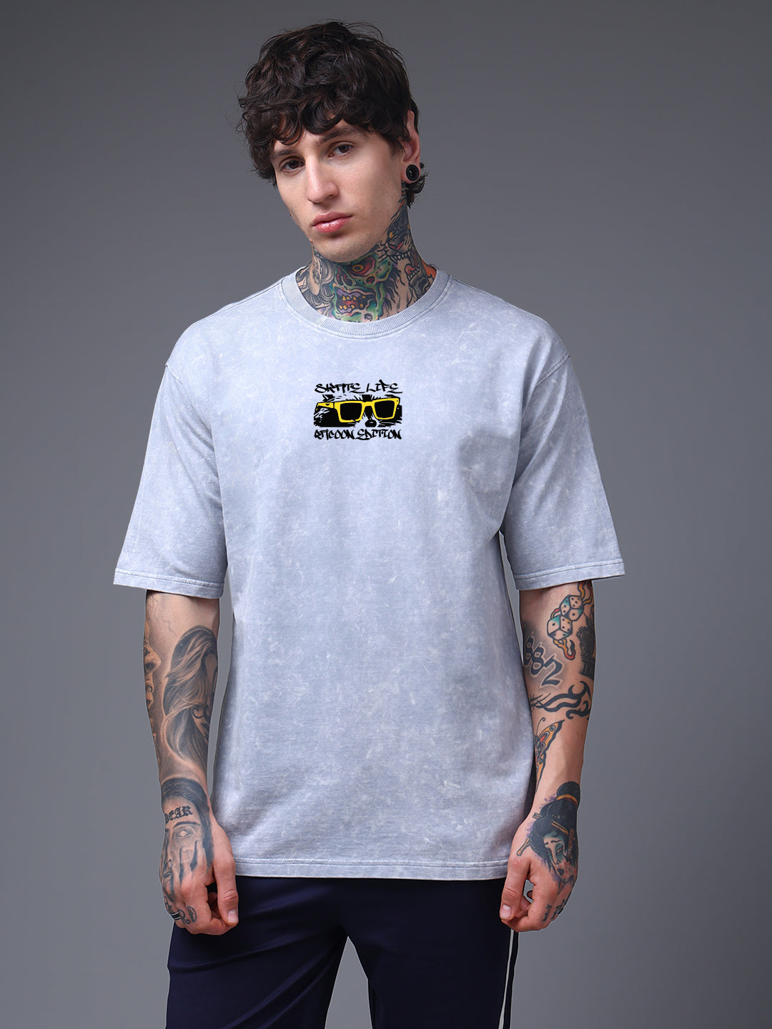 Grey Acid Wash Oversized T-Shirt with Street Graphic Print