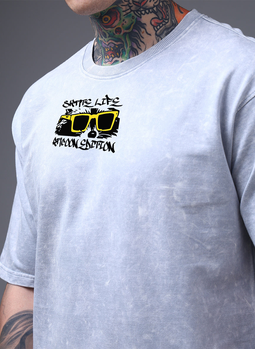 Grey Acid Wash Oversized T-Shirt with Street Graphic Print