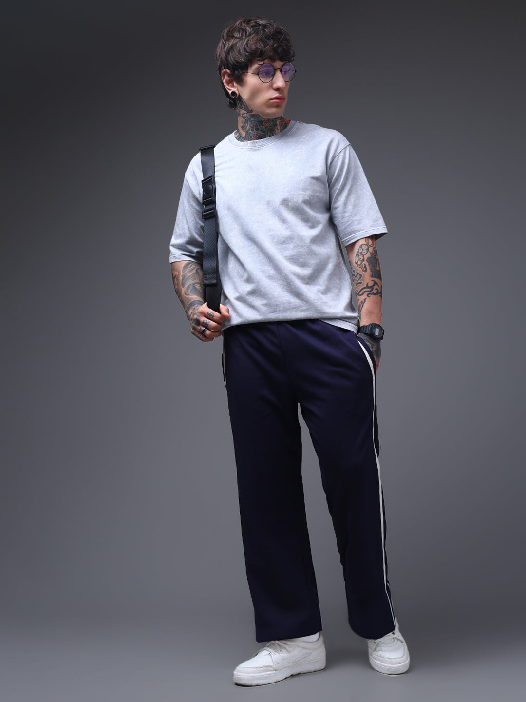 Men's Loose Fit Navy Side Tape TrackPants