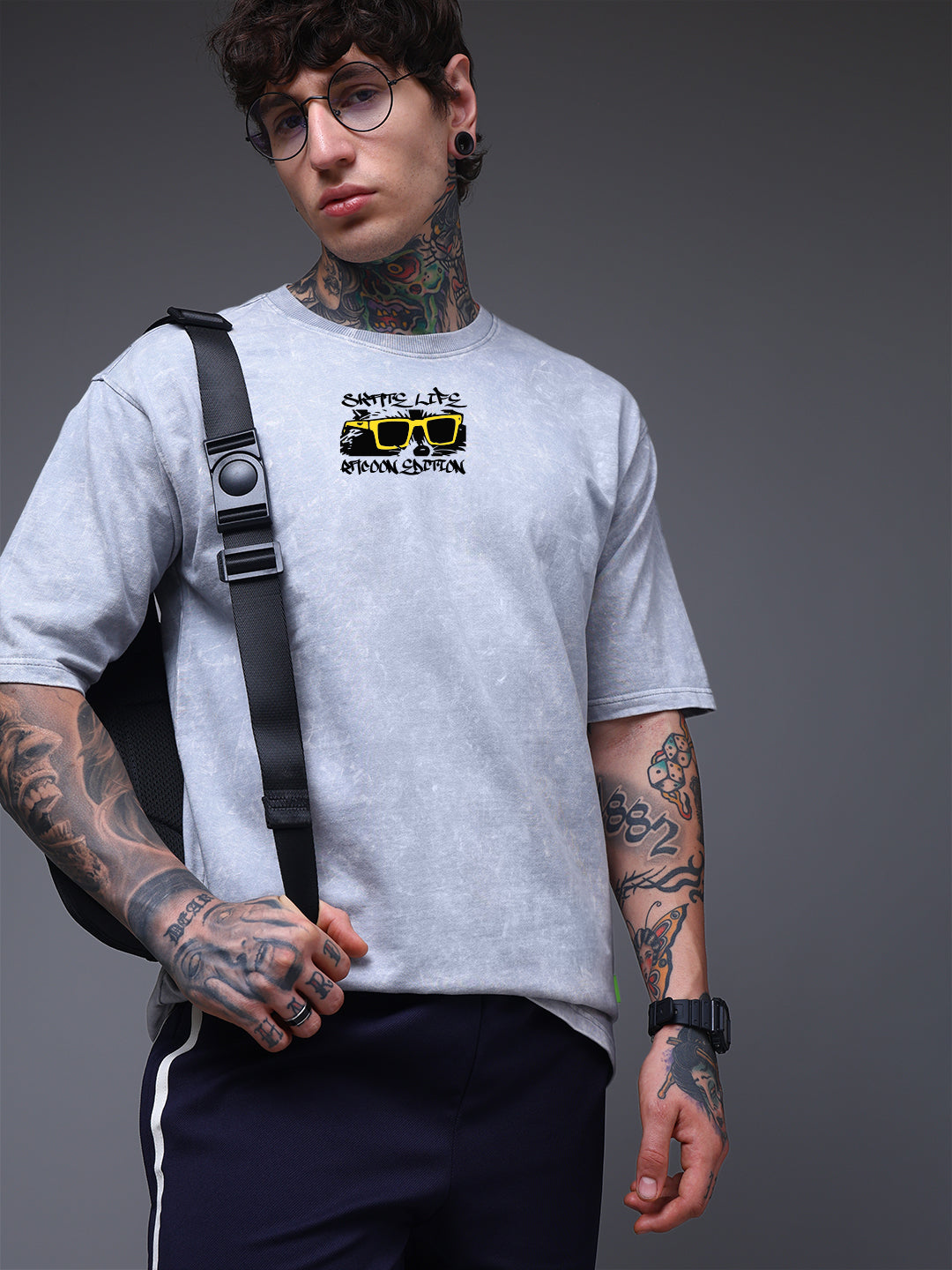 Grey Acid Wash Oversized T-Shirt with Street Graphic Print