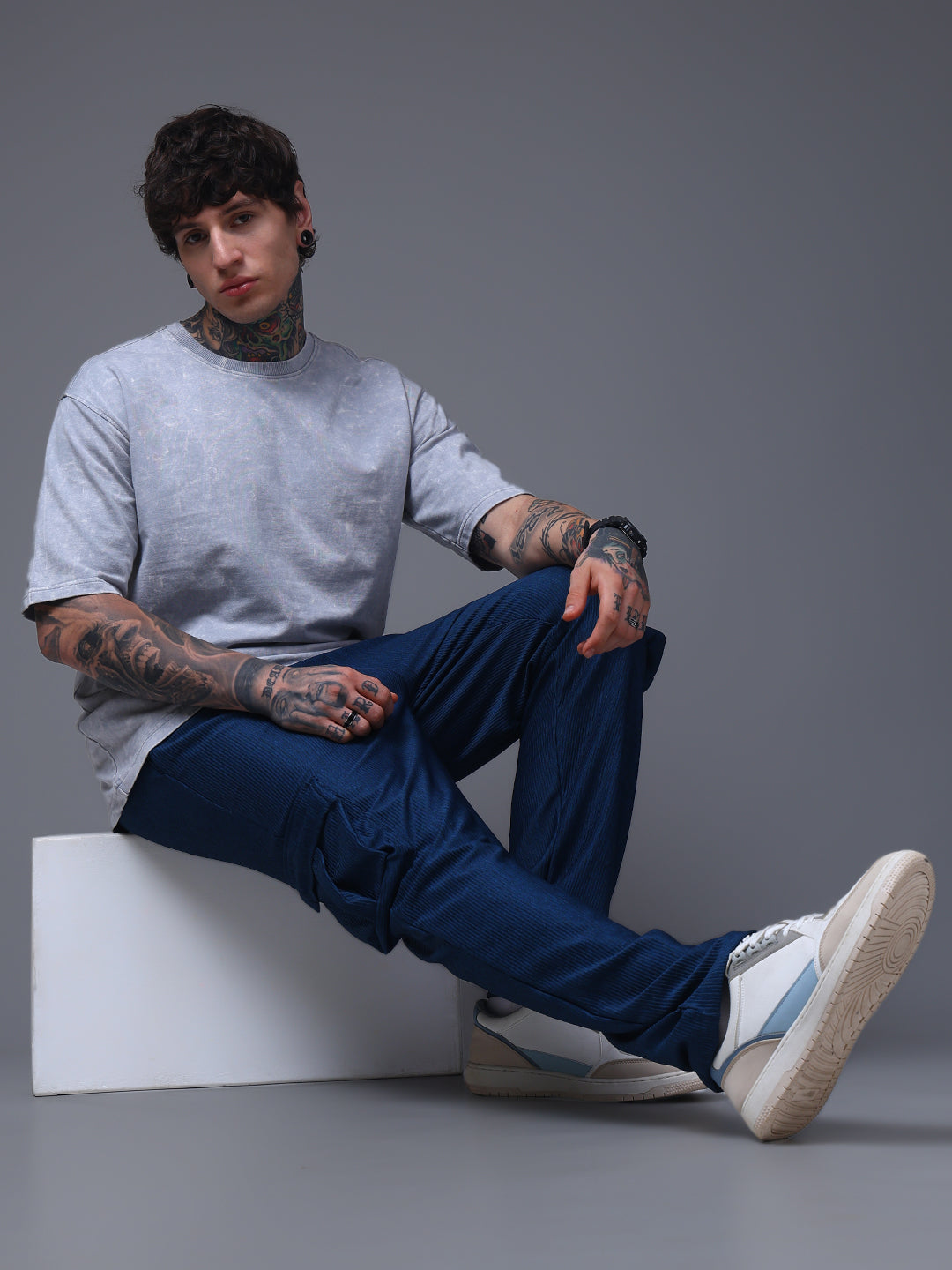 Men's Straight Fit Blue Cargo Trousers