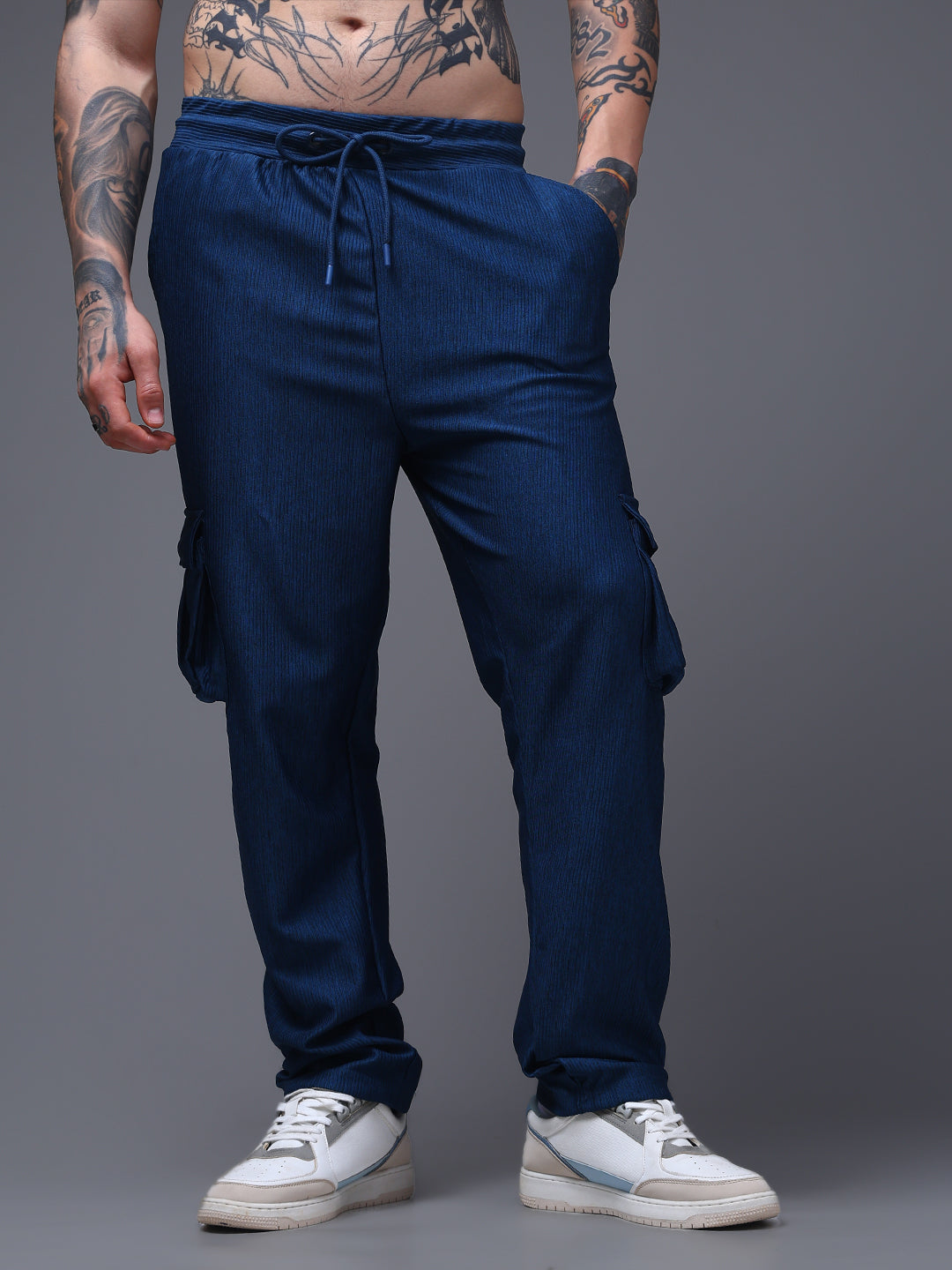 Men's Straight Fit Blue Cargo Trousers