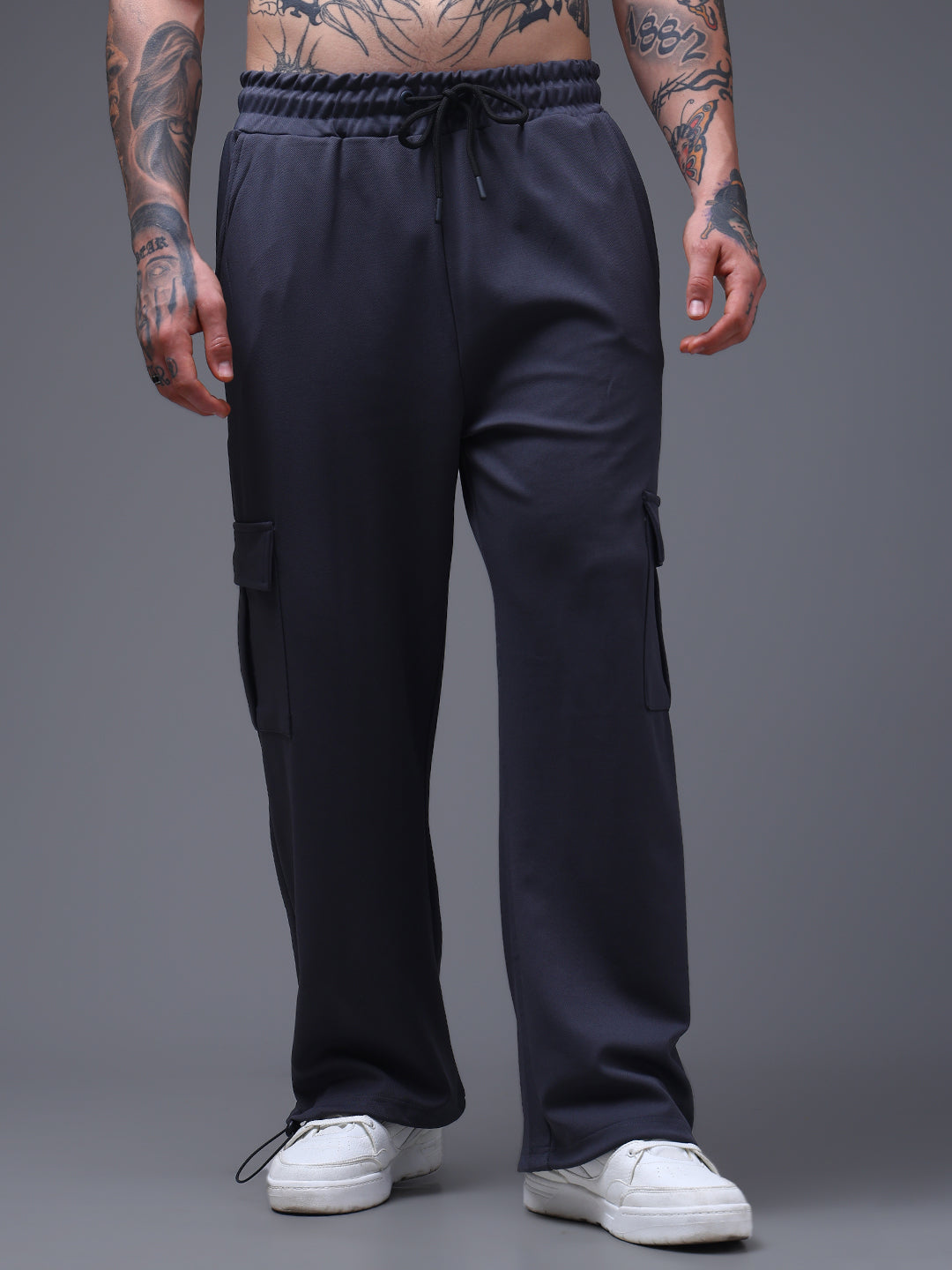 Men's Solid Dark Grey Loose Fit Cargo Pants