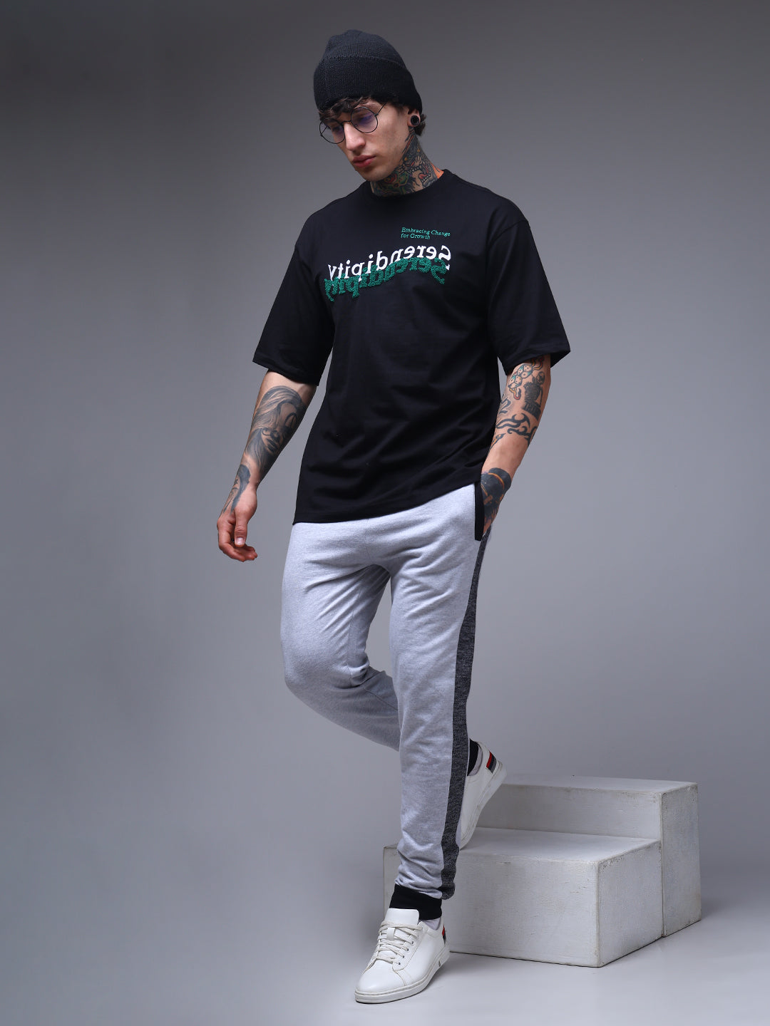 Men's Solid Grey Melange Side Panel TrackPants