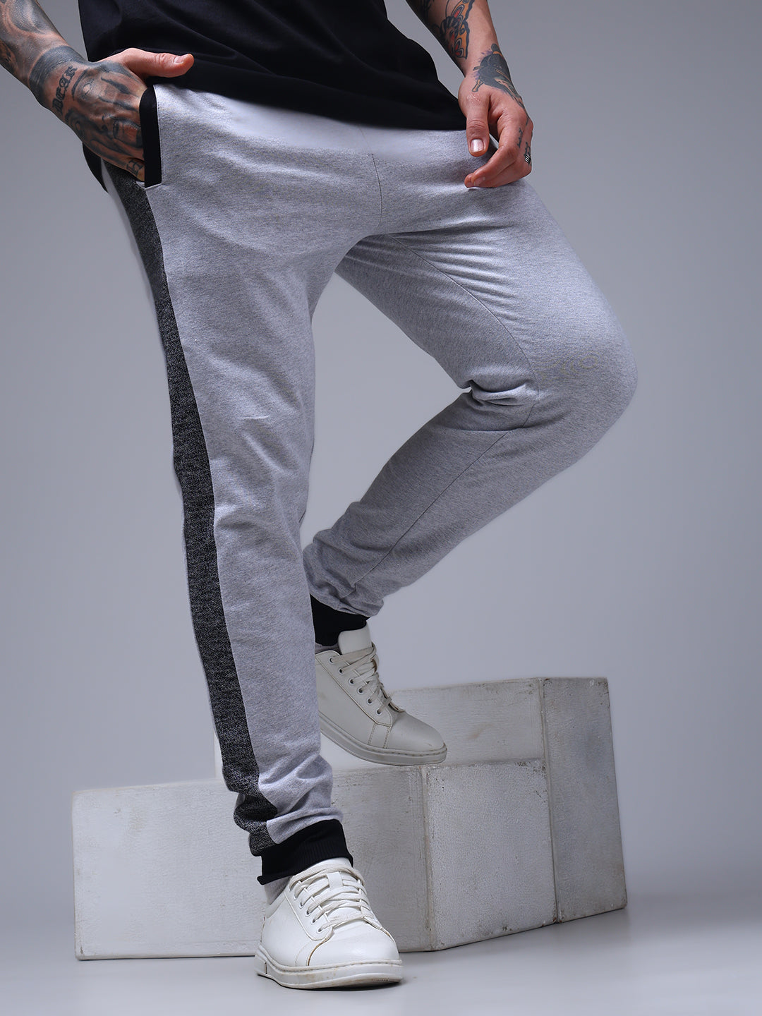 Men's Solid Grey Melange Side Panel TrackPants