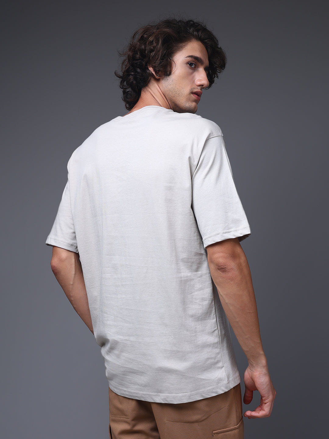 Men's Oversized Embroided Print Beige Tshirt