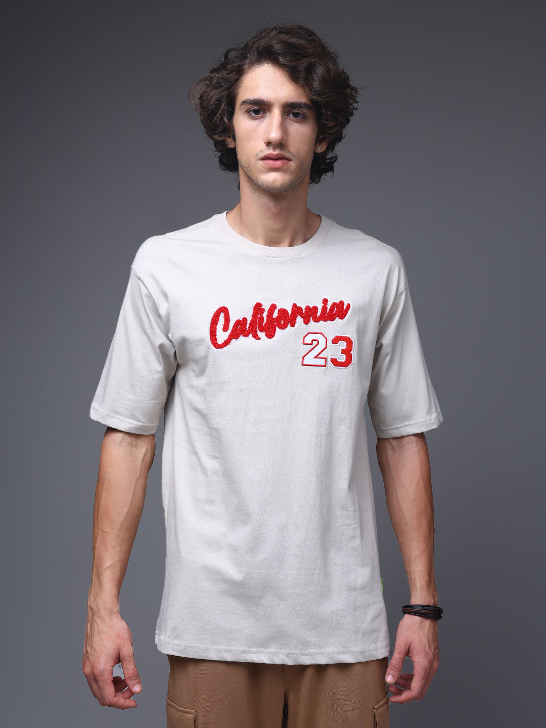Men's Oversized Embroided Print Beige Tshirt