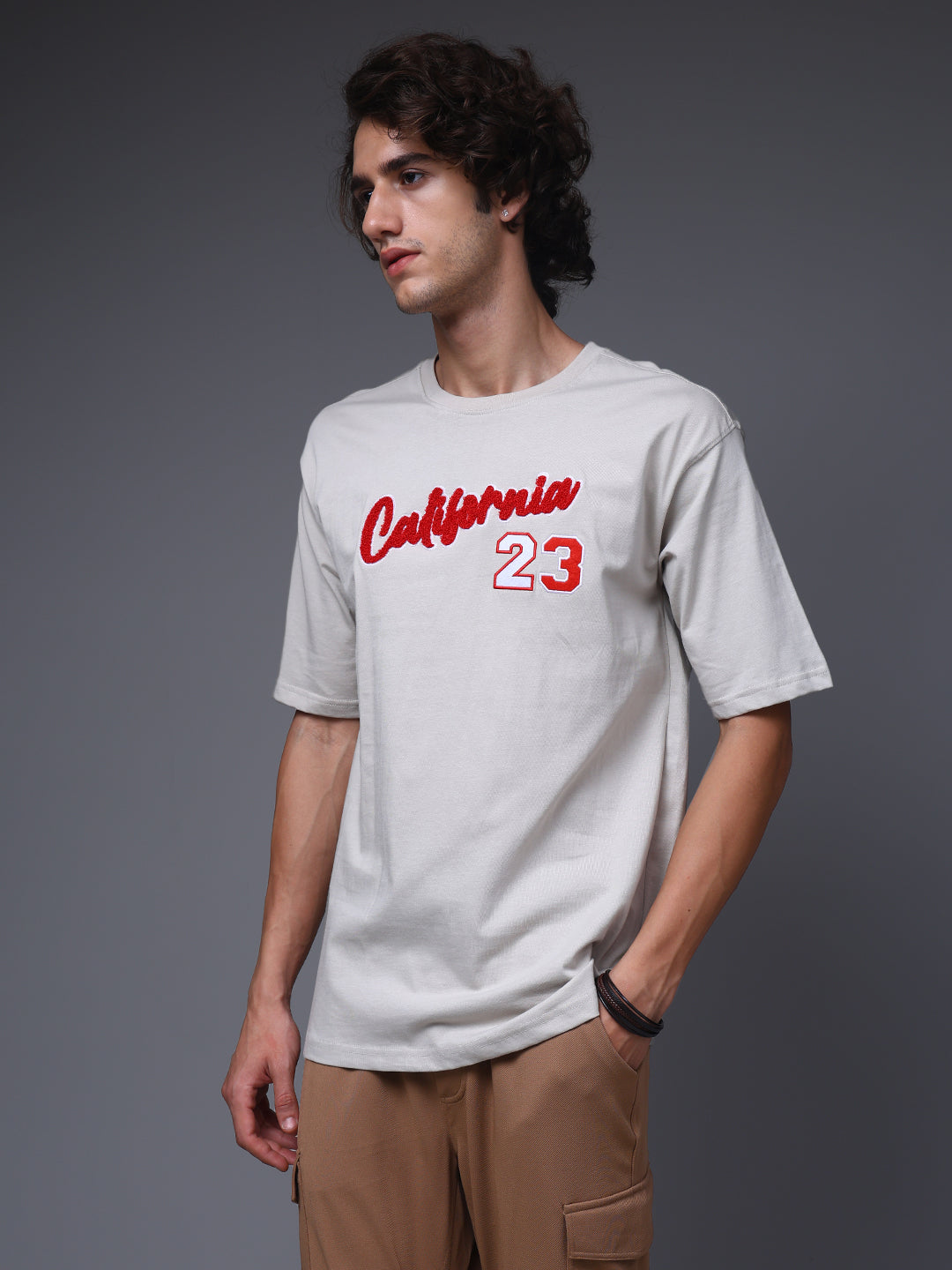 Men's Oversized Embroided Print Beige Tshirt