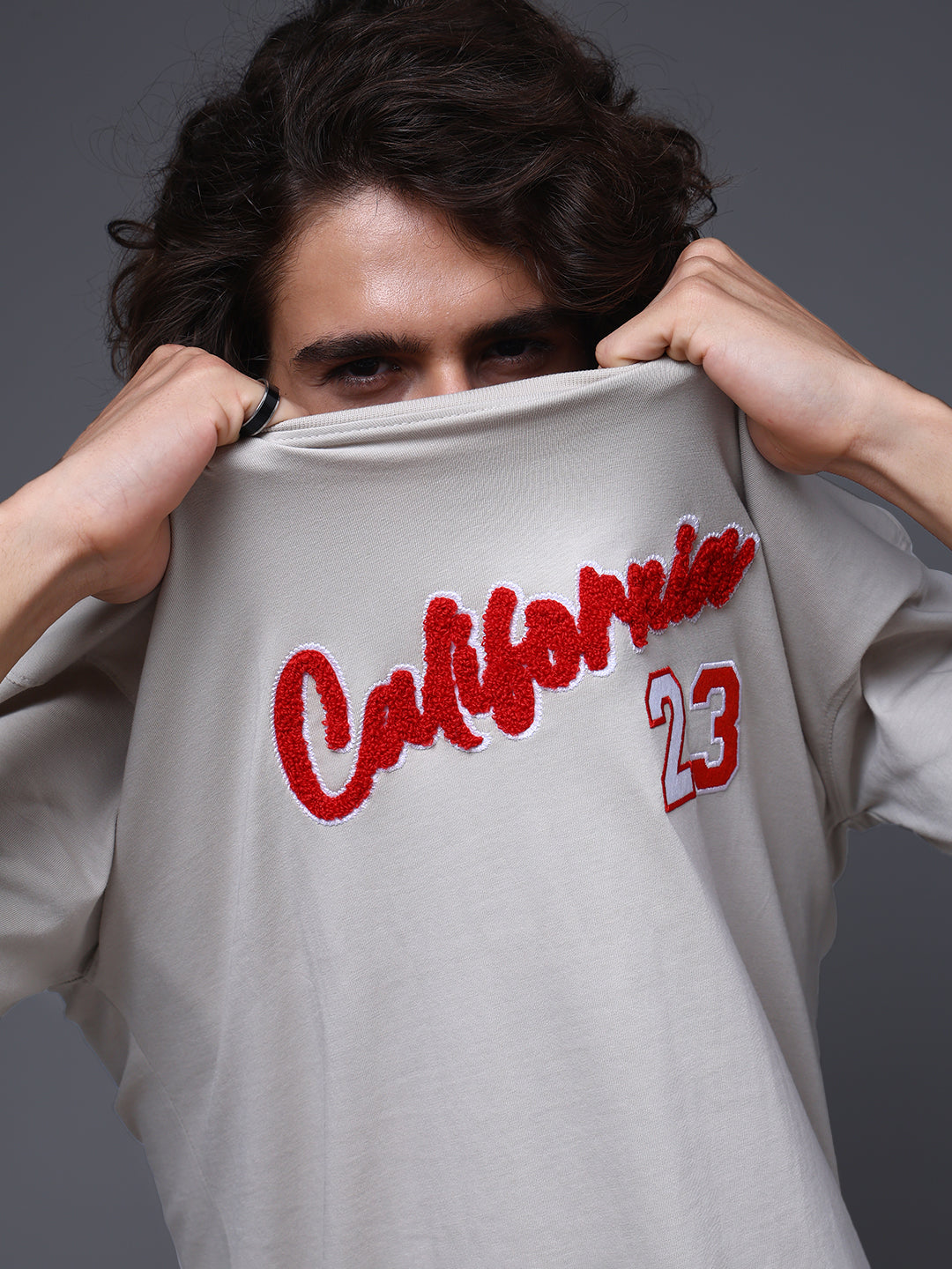 Men's Oversized Embroided Print Beige Tshirt