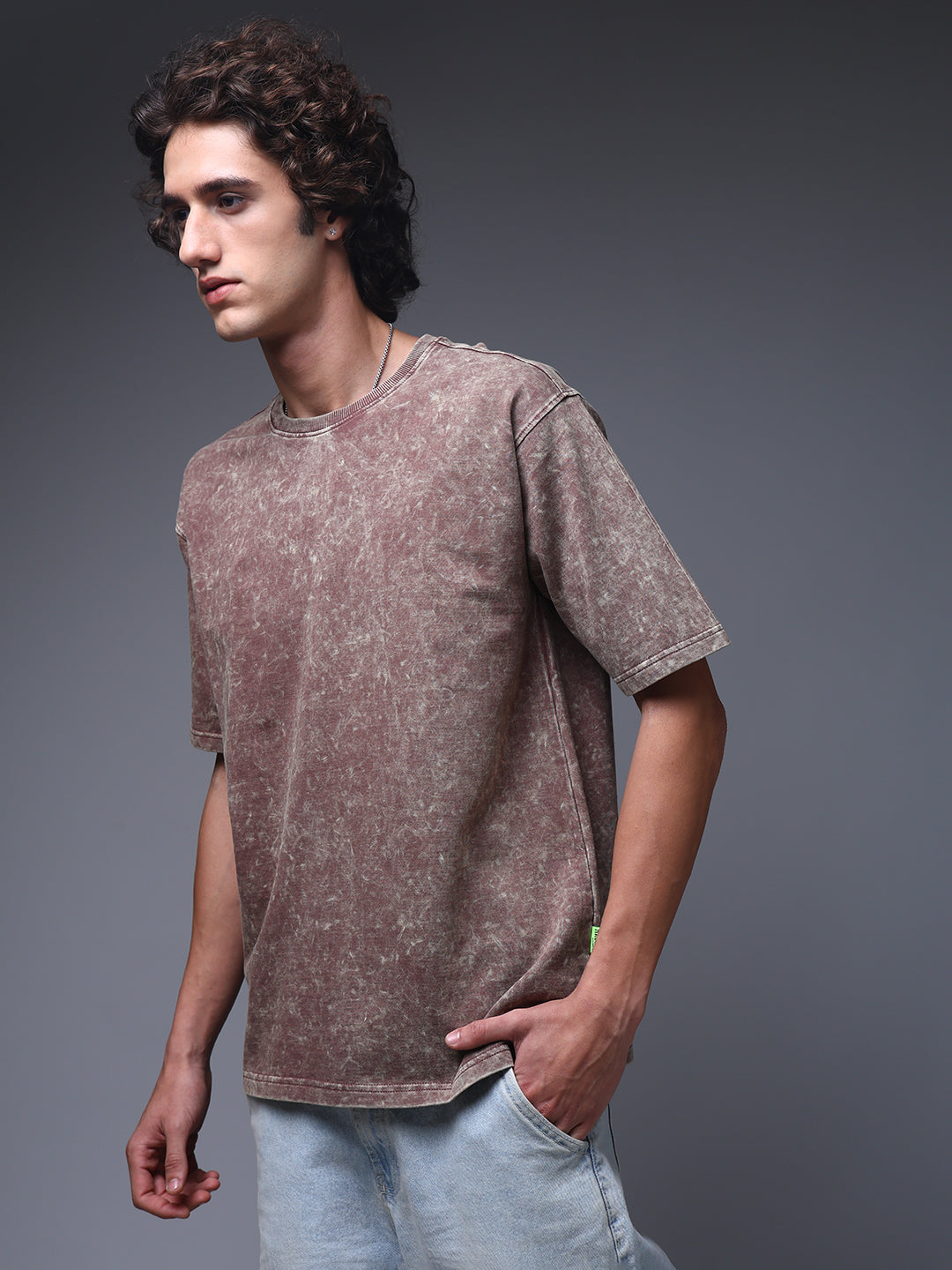 Men's Oversized Acid Washed Solid Brown Tshirt