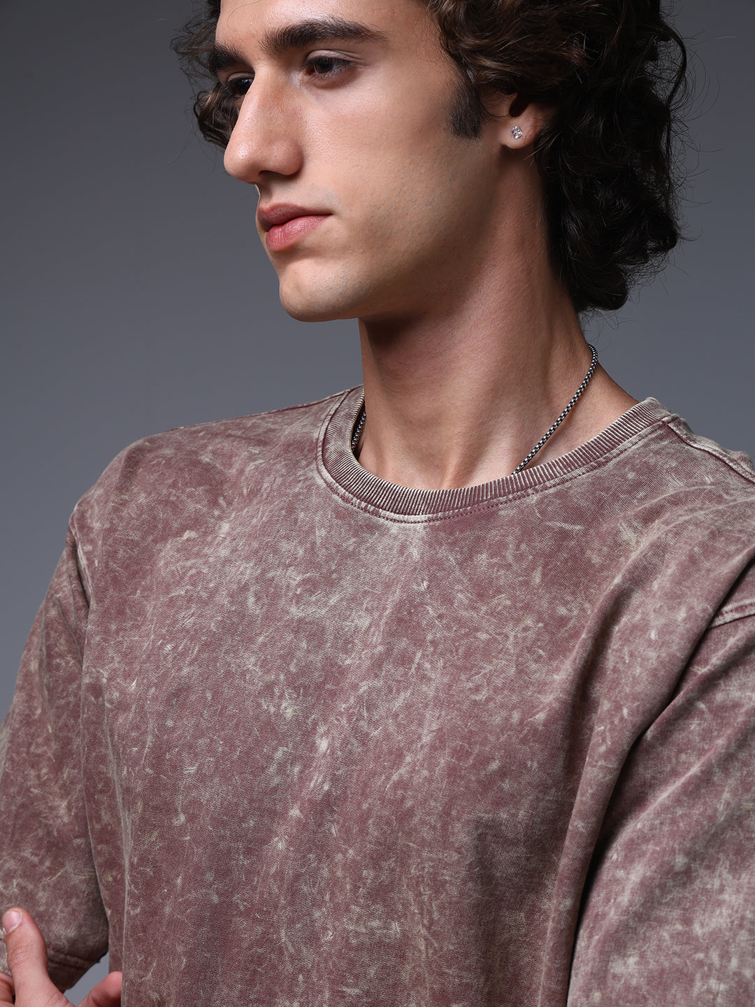 Men's Oversized Acid Washed Solid Brown Tshirt