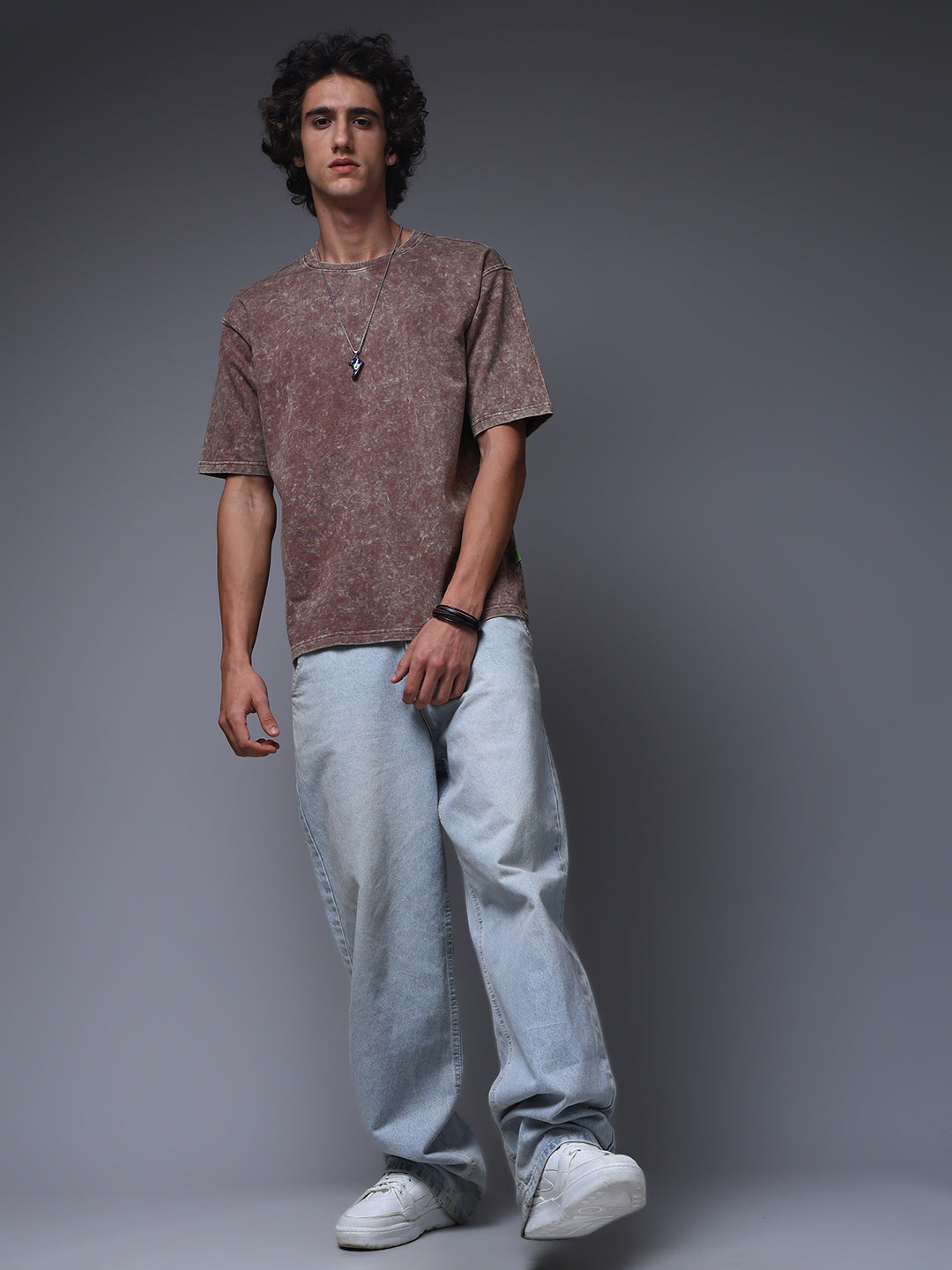 Men's Oversized Acid Washed Solid Brown Tshirt