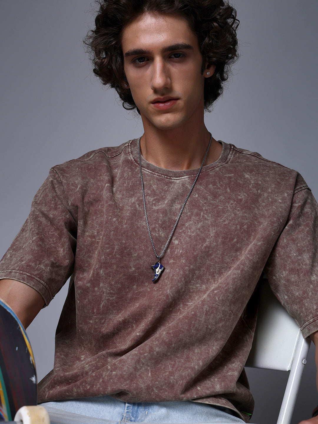 Men's Oversized Acid Washed Solid Brown Tshirt
