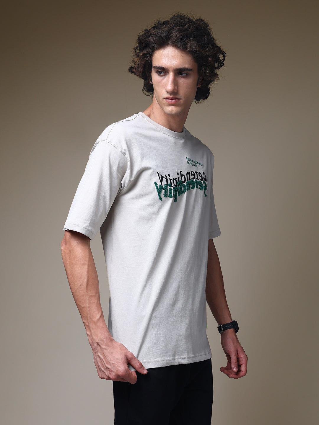 Men's Oversized Embroided Print Beige Tshirt