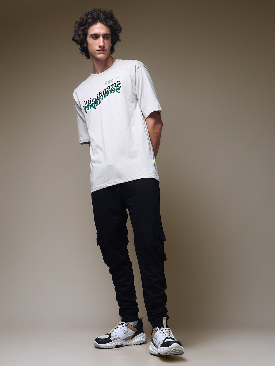 Men's Oversized Embroided Print Beige Tshirt