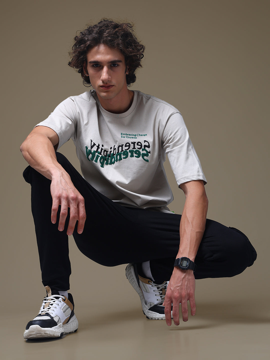 Men's Oversized Embroided Print Beige Tshirt