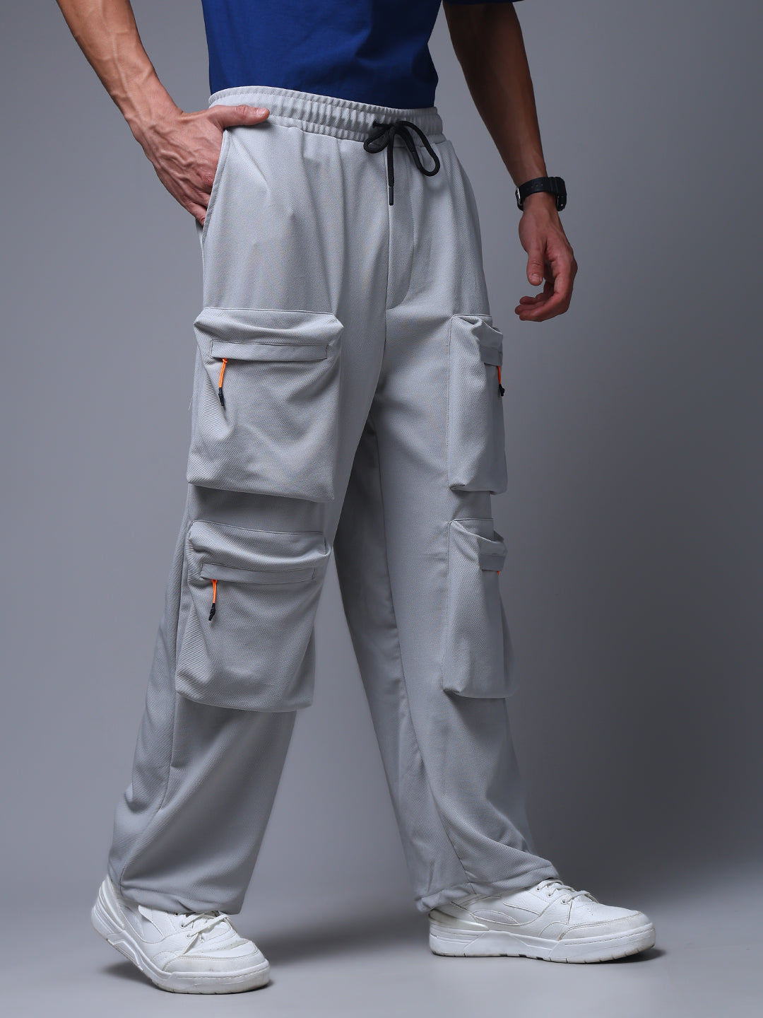 Men's Solid Ice silver Multiple Pocket Pants