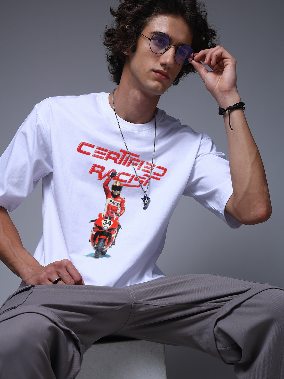 Men White Oversized Graphic Print Cotton T-Shirt