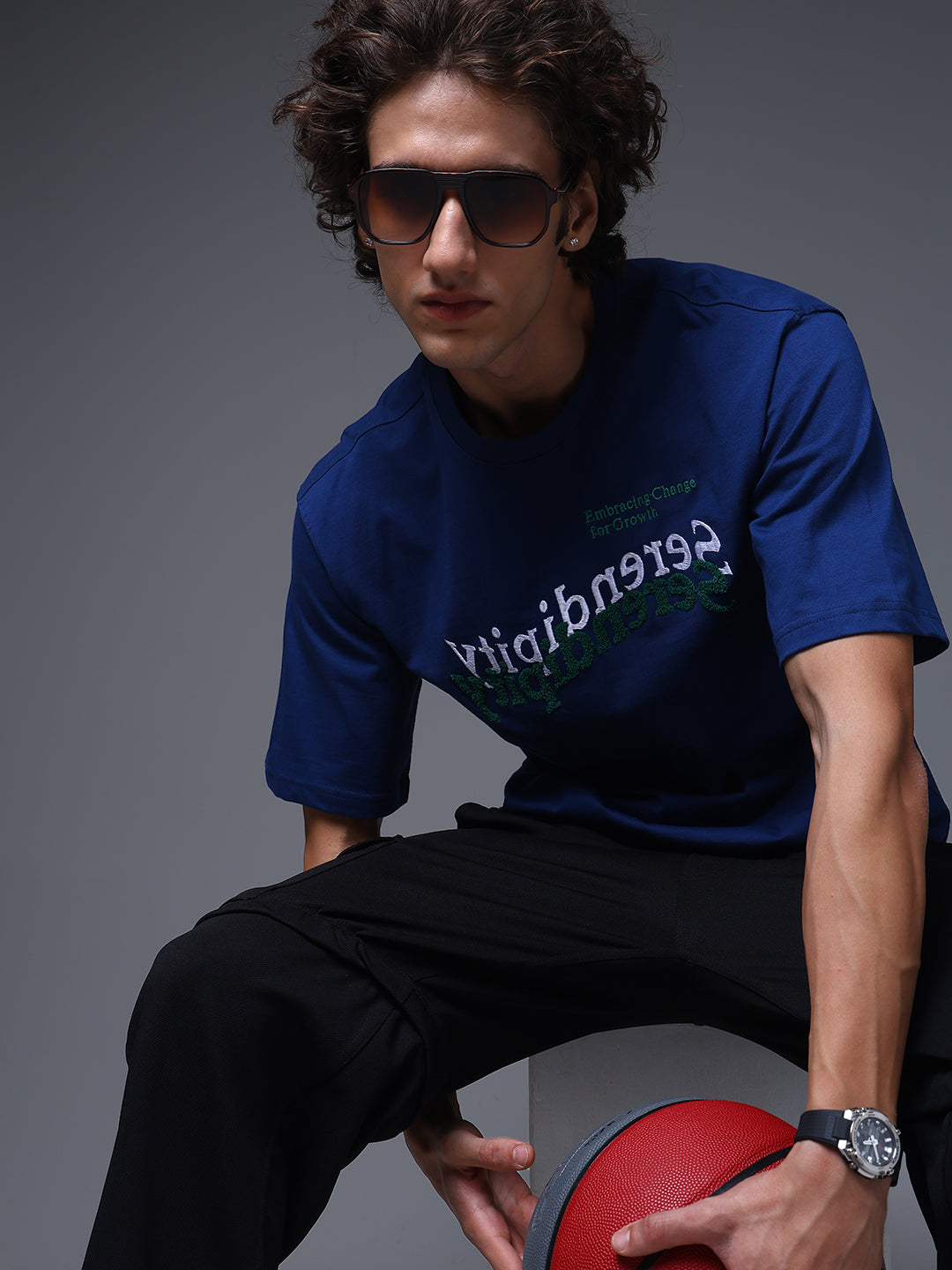 Men's Oversized Embroided Print Blue Tshirt