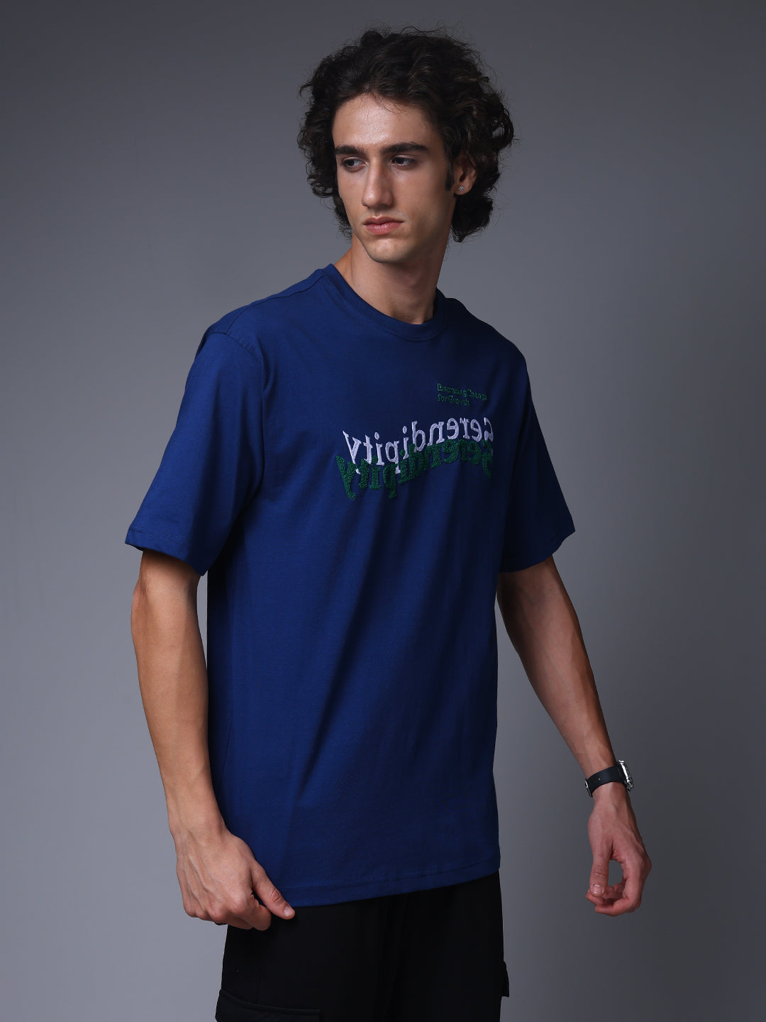 Men's Oversized Embroided Print Blue Tshirt
