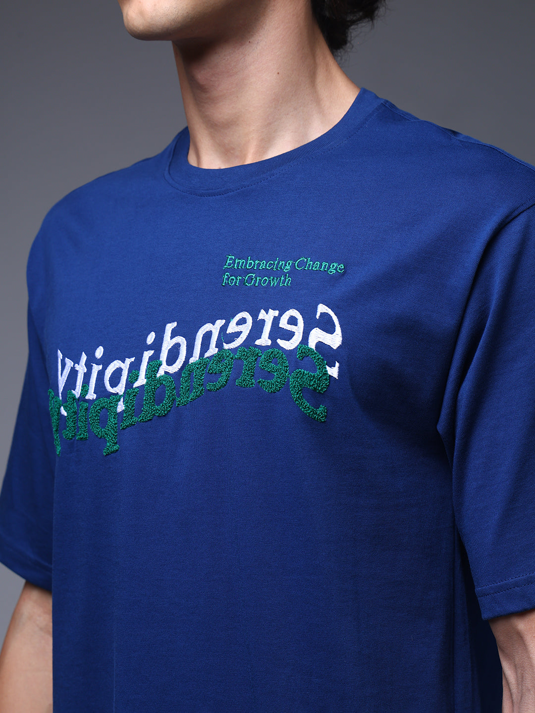 Men's Oversized Embroided Print Blue Tshirt