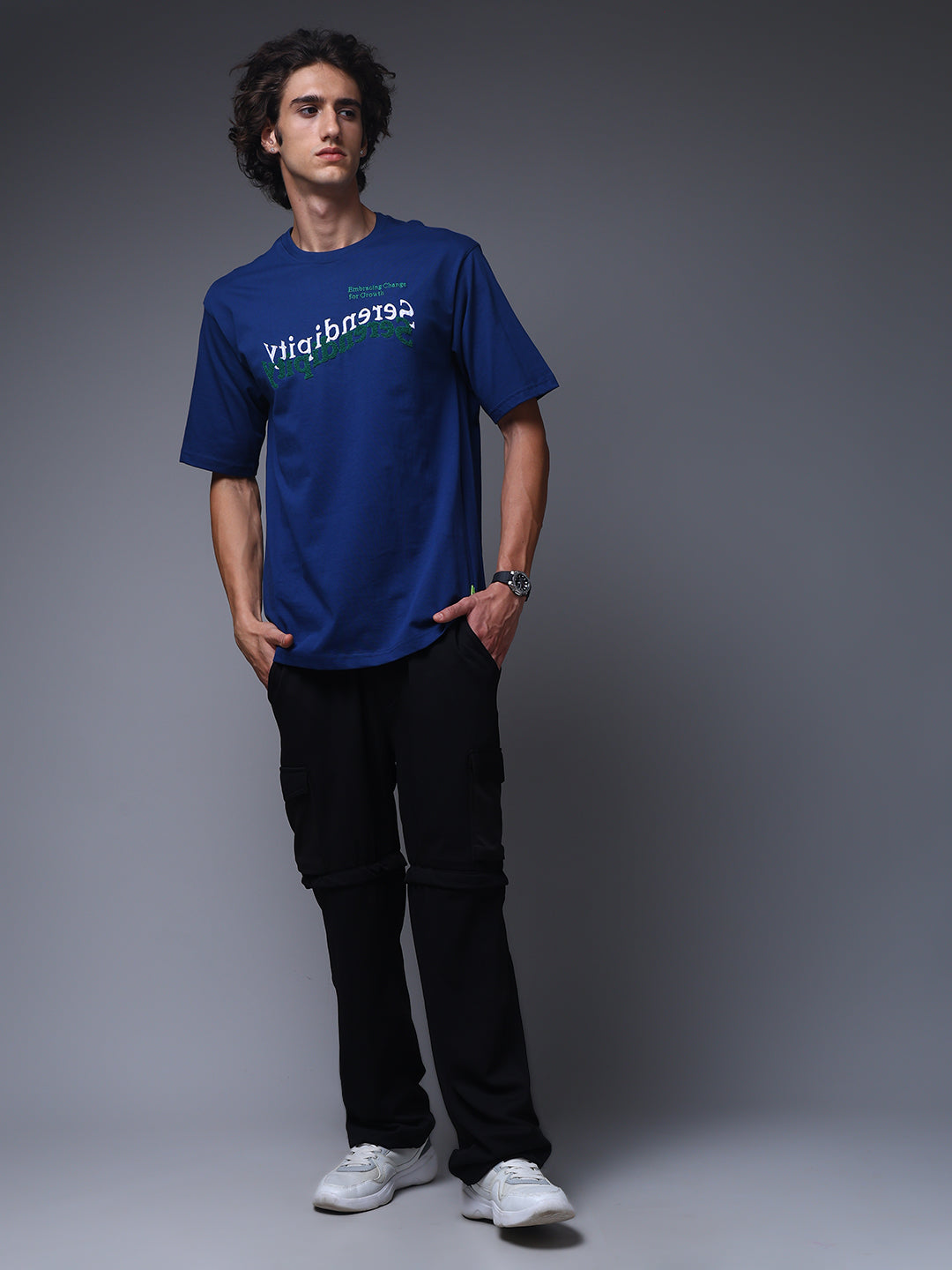 Men's Oversized Embroided Print Blue Tshirt