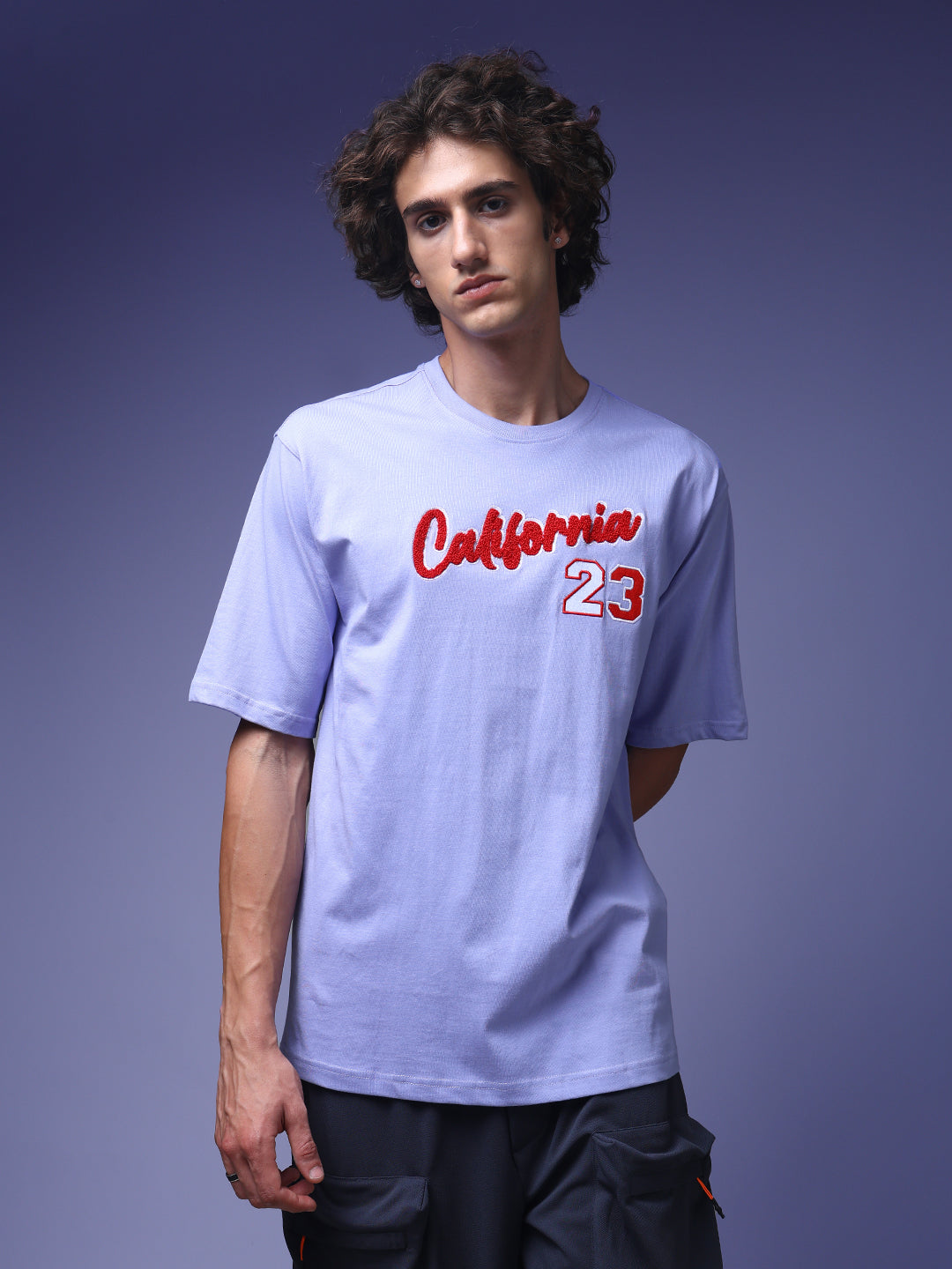 Men's Oversized Embroided Print Lilac Tshirt