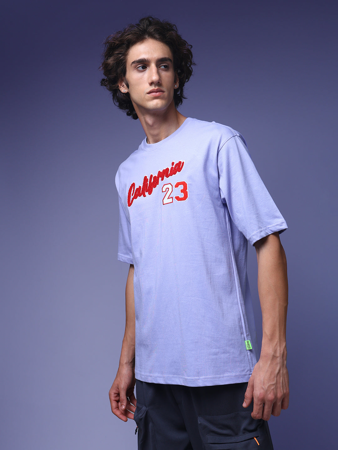 Men's Oversized Embroided Print Lilac Tshirt