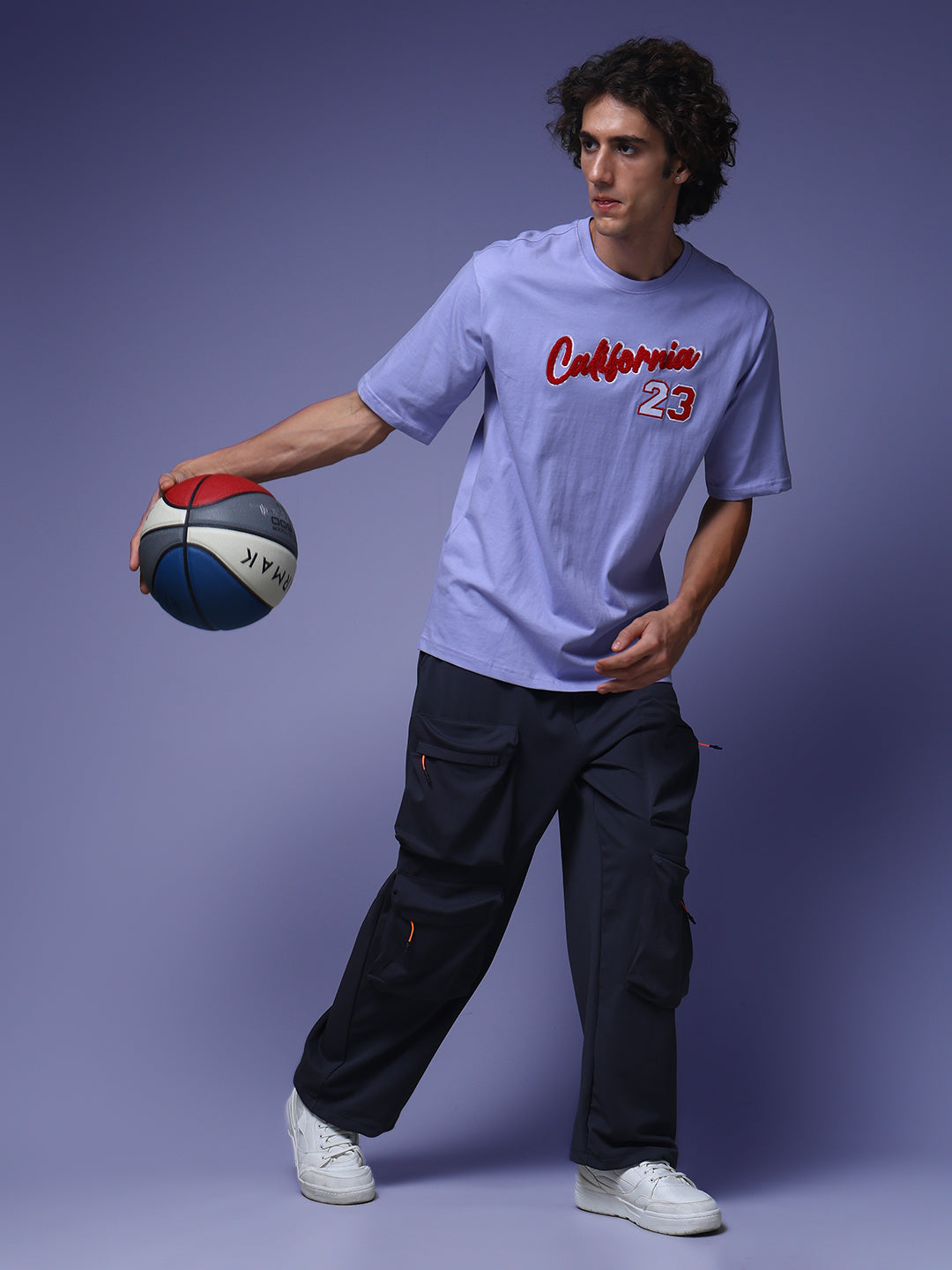 Men's Oversized Embroided Print Lilac Tshirt