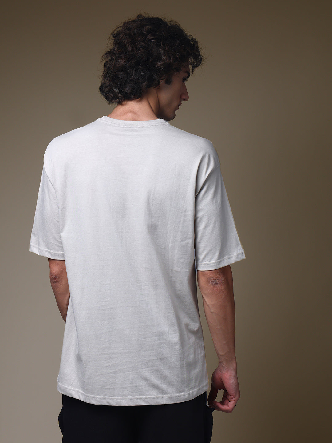 Men's Oversized Embroided Print Beige Tshirt